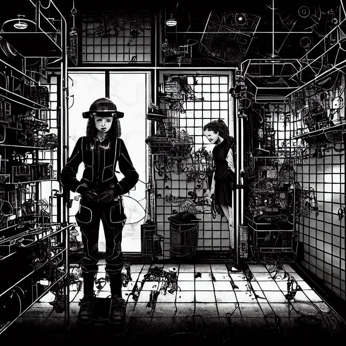 Image similar to sadie sink as a miner inside a minimalist steampunk automated kiosk room considers food options to choose from. black tiles on walls, bright foods displayed on a wall. wide angle lens. black and white, pencil and ink. scifi cyberpunk. by gabriel hardman, joe alves, chris bonura. cinematic atmosphere, detailed and intricate, perfect anatomy