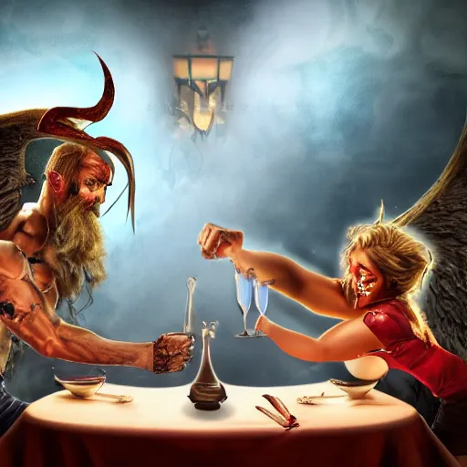 Image similar to A demon arm wrestling an angel on a dinner table, fantasy art, 8k, high resolution photography