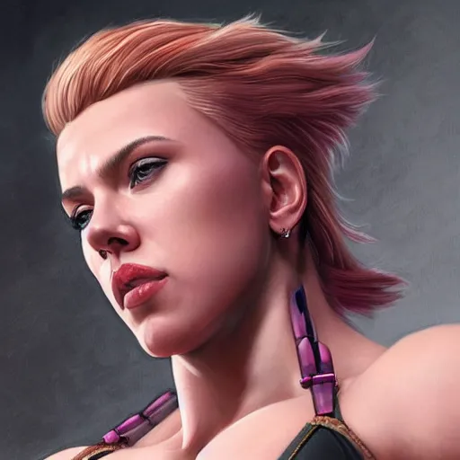 Prompt: detailed portrait of scarlett johansson as a female bodybuilder zarya from overwatch, attractive, beautiful, fantasy, intricate, elegant, highly detailed, digital painting, artstation, concept art, matte, sharp focus, illustration, art by aenaluck, artgerm and roberto ferri and greg rutkowski, epic fantasy, digital painting