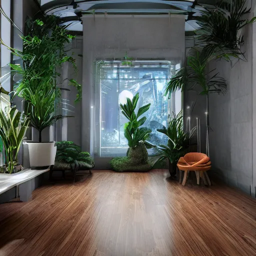 Prompt: futuristic, bohemian, atlantis space, architecture indoor plants, healing holographic interface, apple aesthetic, natural wood floors, healing space, sacred space, beautiful, fantasy, natural lighting, natural dyed fabrics, octane render, 3 d, arch vis