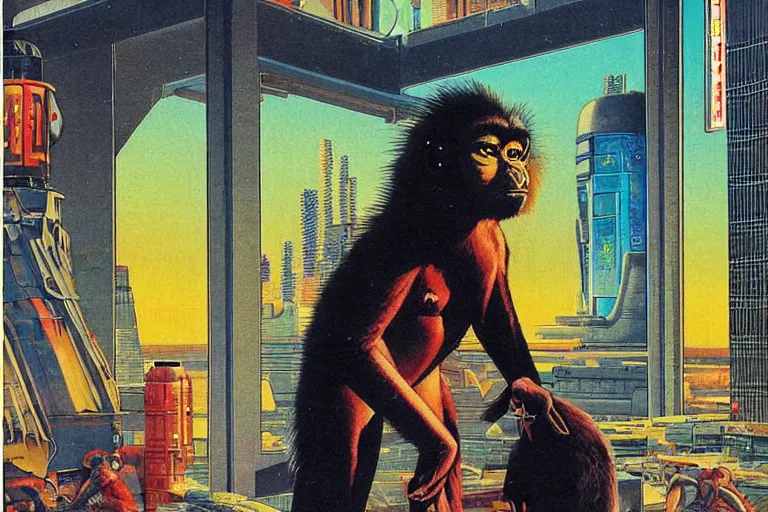 Image similar to 1979 OMNI Magazine Cover of vervet monkey in Mongolian armor. window showing neo-Tokyo streets behind her. in cyberpunk style by Vincent Di Fate