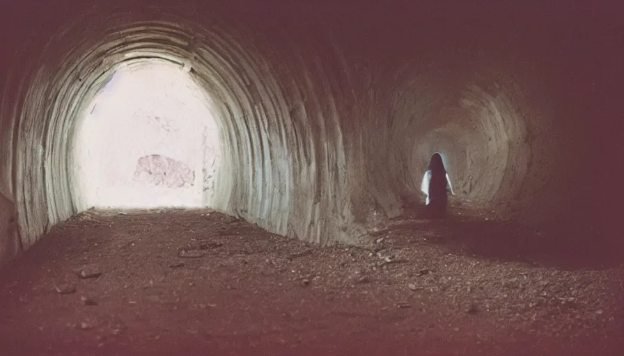 Image similar to portrait of a white female phantom in an empty soviet tunnel, cinestill 800t 35mm, heavy grain, high quality, liminal space style