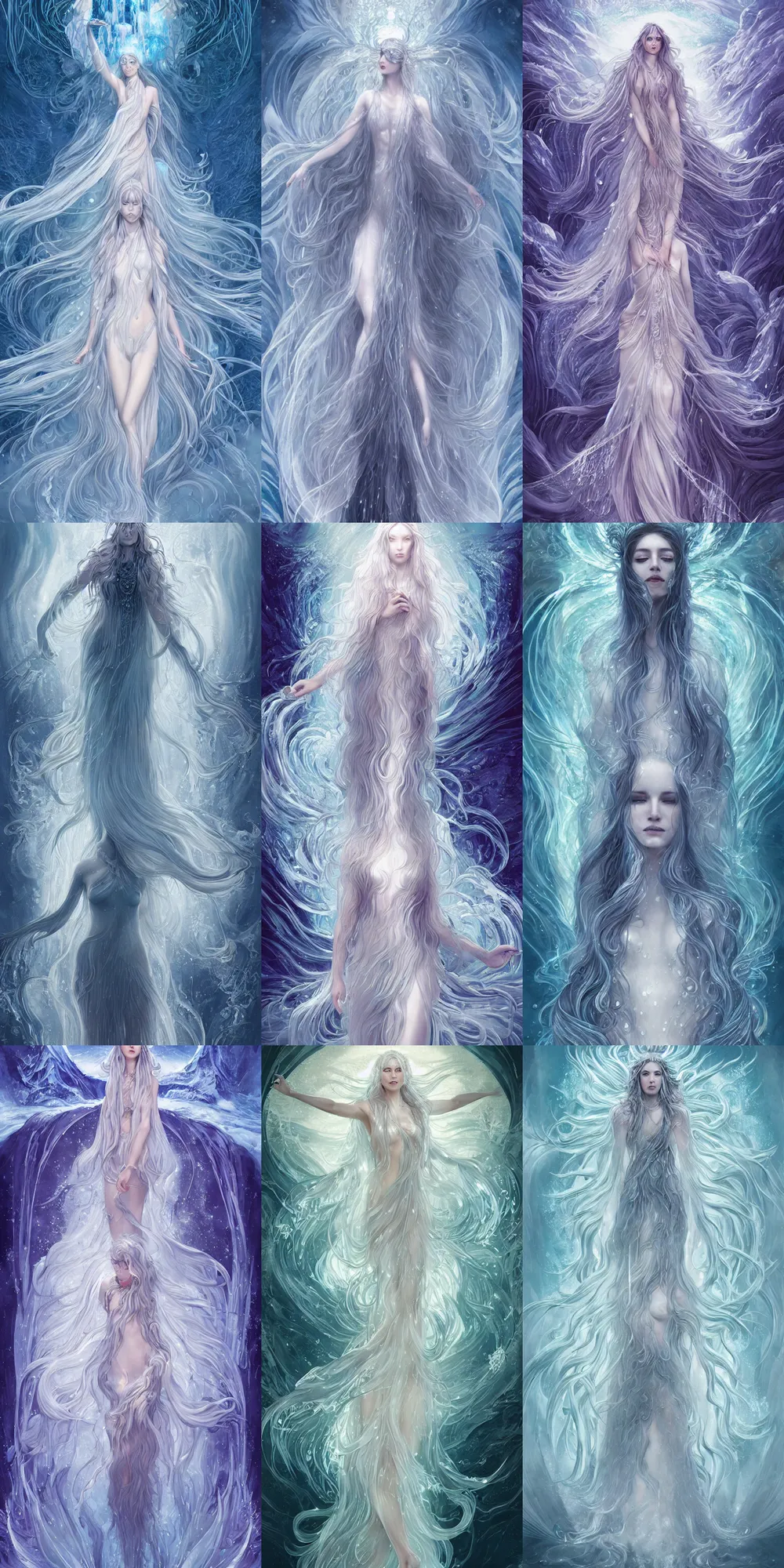 Prompt: goddess made of ice crystals flowing long hair like a waterfall rising from the water, full body and face, sophisticated, fractals background, horizontal symmetry, epic light, intricate, extremely detailed, artstation, art by charlie bowater, kay nielsen and wadim kashin, zeen chin and terada katsuya