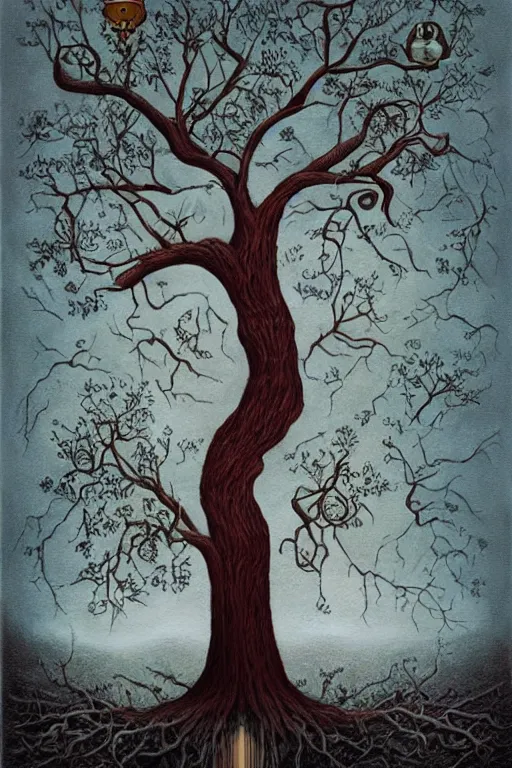 Prompt: the tree of life is dying, an ultrafine detailed painting by mark ryden, trending on deviantart, pop surrealism, whimsical, lowbrow, grotesque
