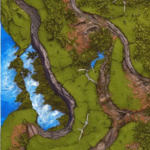 Prompt: drone footage, closeup straight stream, creek, topview map, miniature photography closeup, h0, 1:87, brook, highly detailed, satellite image, game map, anno 1404, civilization, by tim hildebrandt, by rhads, megascans texture