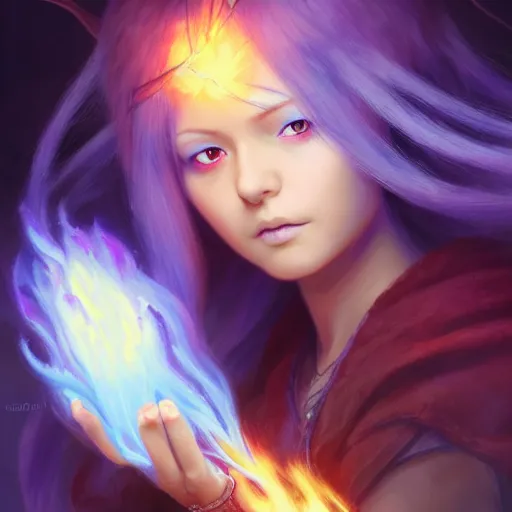 Image similar to rimuru tempest from tensura holding purple fire in her palm, with amber eyes of golden colored eyes, straight hair, sky blue hair, long bangs, concept art, award winning photography, digital painting, cinematic, wlop, 8 k, by ross tran, tom bagshaw