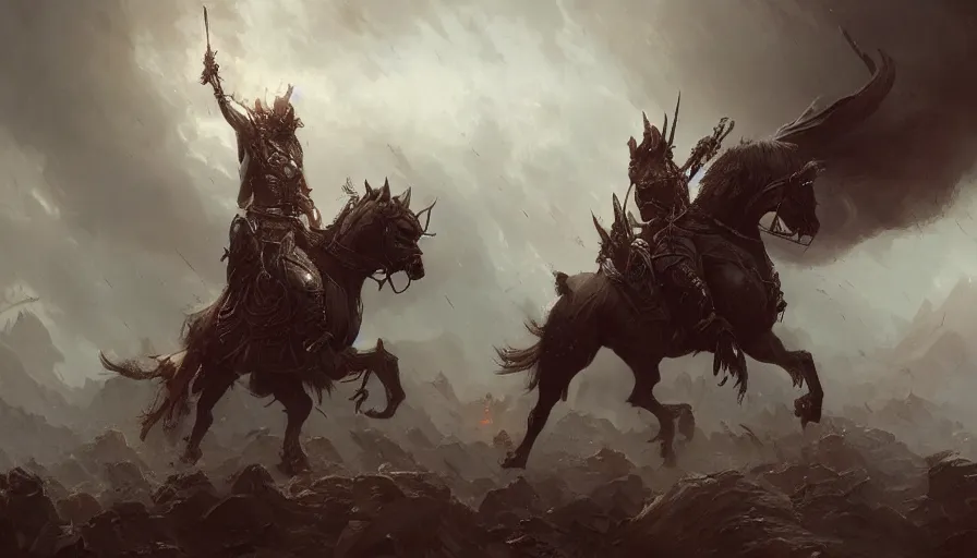 Image similar to A beautiful highly detailed epic painting of the Horseman of the Apocalypse by Greg rutkowski and Ulpiano Checa, Trending on artstation HD.