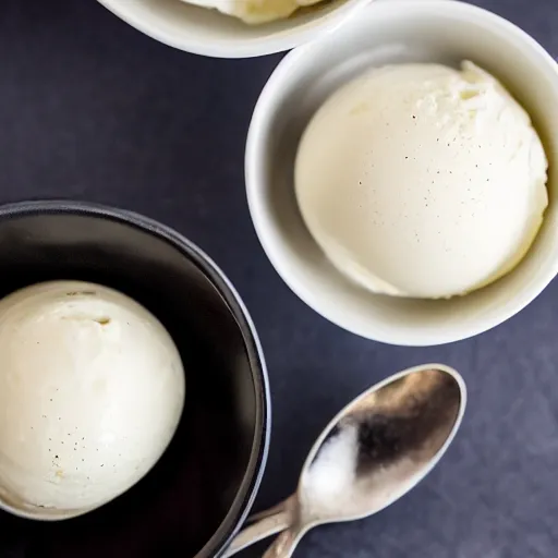 Prompt: closeup of a bowl with three balls of plain vanilla ice cream. Simplistic. Food photography.