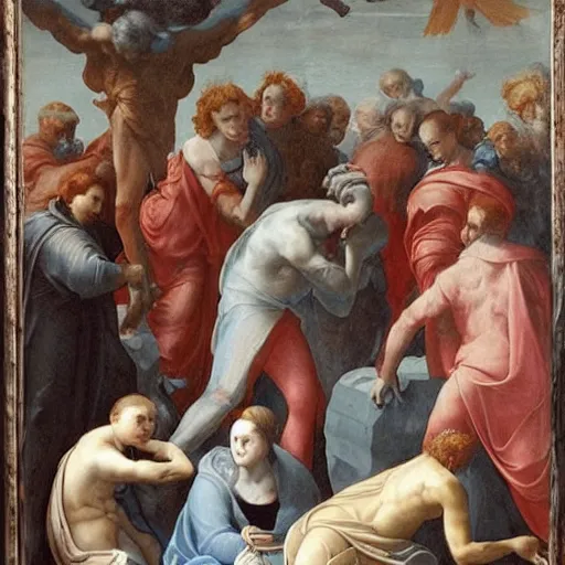 Prompt: all souls trapped in purgatory are slowly vanishing but they are indifferent to it and discover empathy, many figures in the foreground, light grey and blue and red palette, a painting by raffaello, insanely detailed