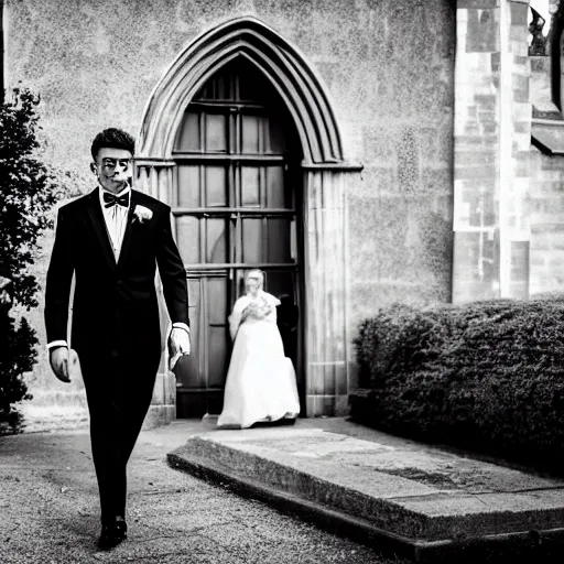 Prompt: a photography of a man in a suit barging into a church to interrupting a wedding