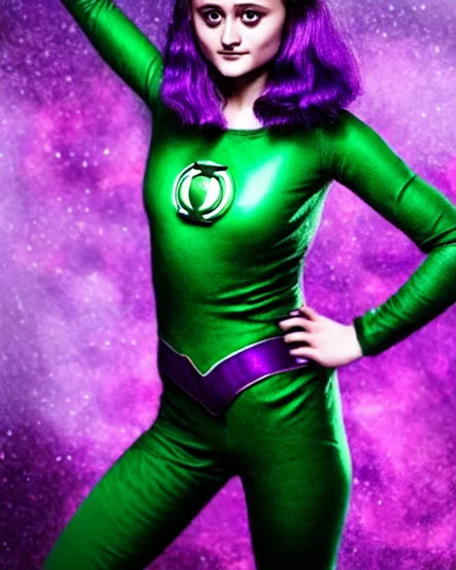 Image similar to photos of beautiful actress Ella Purnell dressed as the Green Lantern Soranik Natu, Photogenic, purple skin, short black pixie like hair, particle effects, photography, studio lighting, in the style of Annie Leibovitz