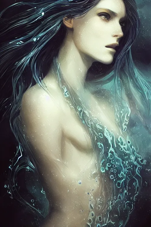 Image similar to dark underwater portrait of a goddess mermaid, with (reaction diffusion) scaled fish skin. closeup. long intricate dark hair, with Bioluminescent jellyfish. high detail, by Charlie Bowater
