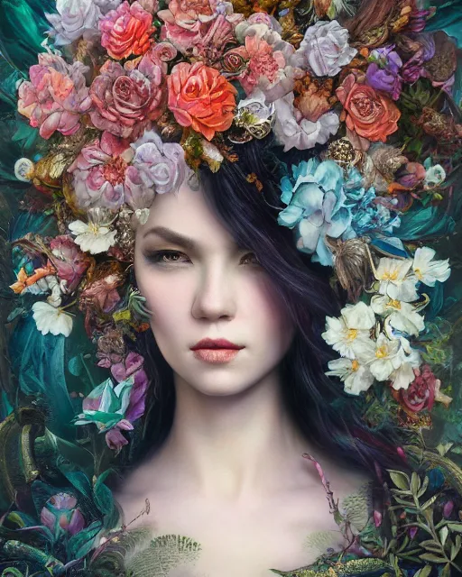 Image similar to portrait of the eurasian queen of the underworld, surrounded by flowers by karol bak, james jean, tom bagshaw, rococo, sharp focus, trending on artstation, cinematic lighting, hyper realism, octane render, 8 k, hyper detailed.