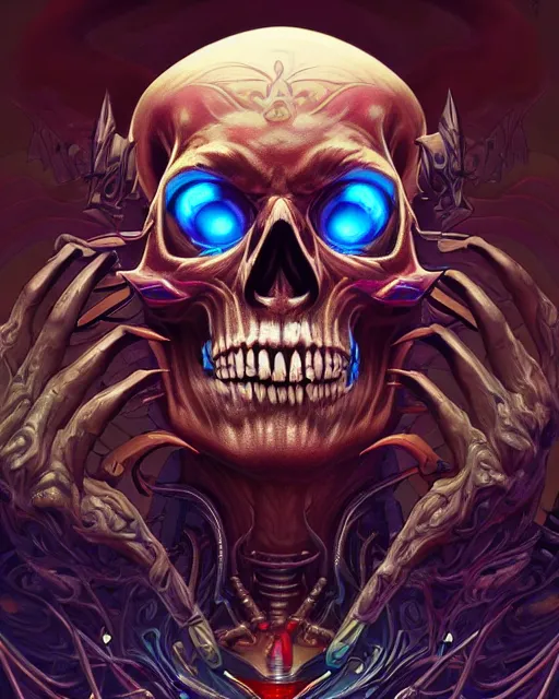 Prompt: a stunning portrait of the demonic cyborg deity, skull, digital art by Dan Mumford and Peter Mohrbacher and Ross Tran, intricate detail, trending on artstationhq