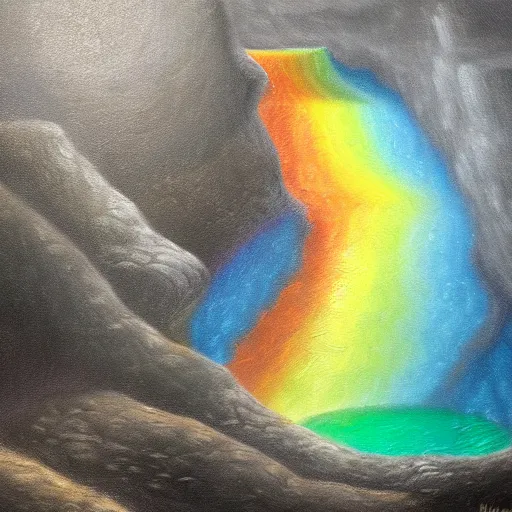 Prompt: highly detailed oil painting of a rainbow hotspring within dark grey cavern, black dragon sitting in the middle