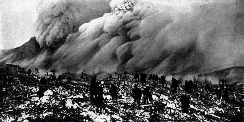 Prompt: 1 9 2 0 s photography of alpine mountain exploding, cleared forest, lonely human workers with pickaxes and gas masks, eerie, dark, by william hope