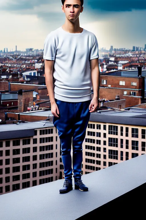 Image similar to un ultra high definition studio quality photographic art portrait of a young man standing on the rooftop of a british apartment building wearing soft padded silver pearlescent clothing. three point light. extremely detailed. golden ratio, ray tracing, volumetric light, shallow depth of field. set dressed.