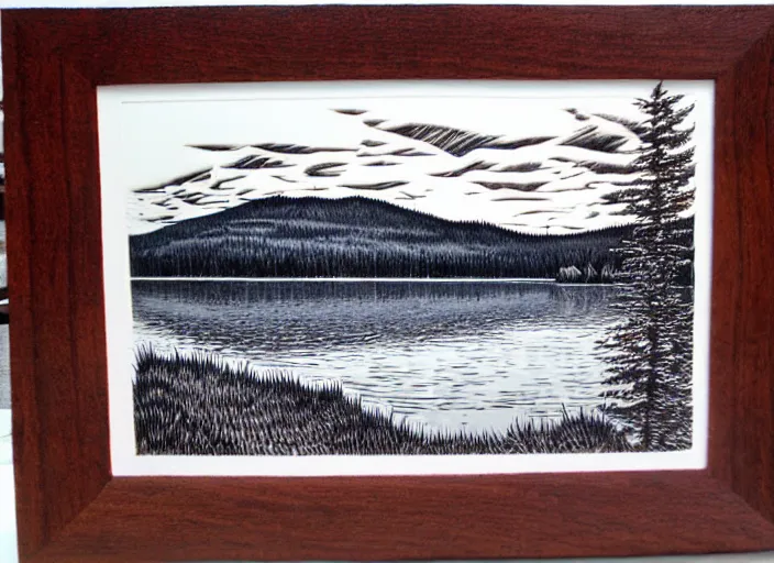 Prompt: an award winning Wood engraving on paper of The Canadian lakes