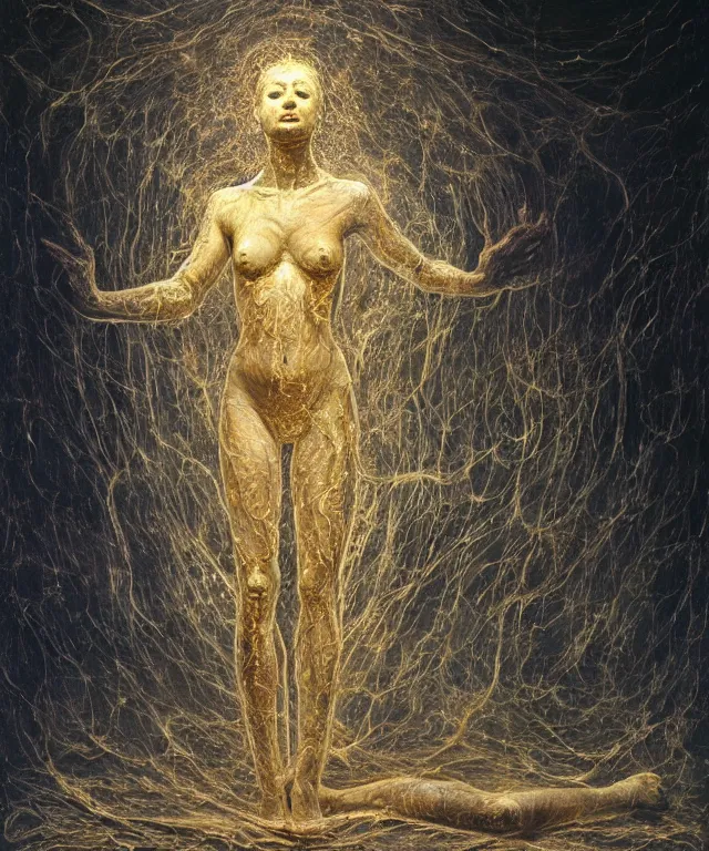 Prompt: Beautiful full-body wax sculpture of glowing transparent woman in glowing cloth with visible gold bones covered with melted white wax inside the singularity where stars becoming baroque folds of dark matter by Michelangelo da Caravaggio, Nicola Samori, William Blake, Alex Grey and Beksinski, dramatic volumetric lighting, highly detailed oil painting, 8k, masterpiece