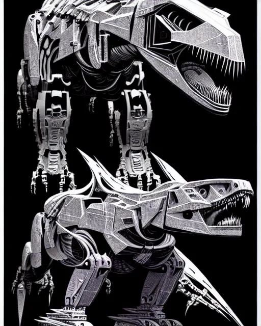 Prompt: a cyberpunk mech cyborg t - rex dinosaur, transformer, high details, symmetry, bold line art, by vincent di fate and joe fenton, inking, etching, screen print, masterpiece, trending on artstation, sharp, high contrast, hyper - detailed,, hd, 4 k, 8 k