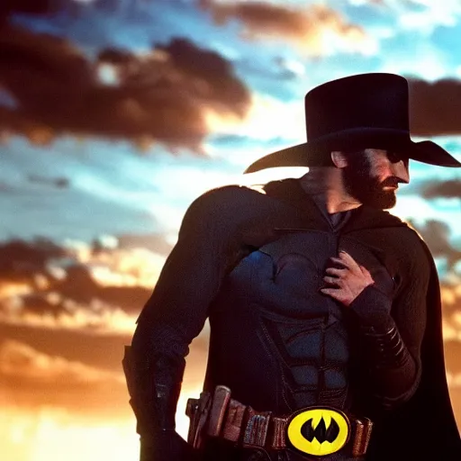 Prompt: batman in a cowboy hat stars in a gunslinger spaghetti western, movie still, dramatic lighting, sunset, vintage film