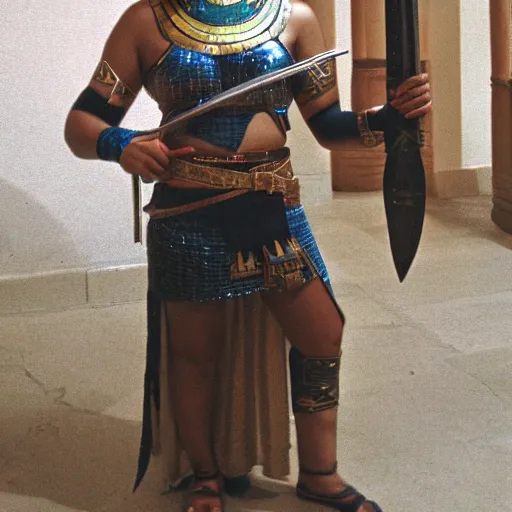 Image similar to full body photo of a female Egyptian warrior with weapons