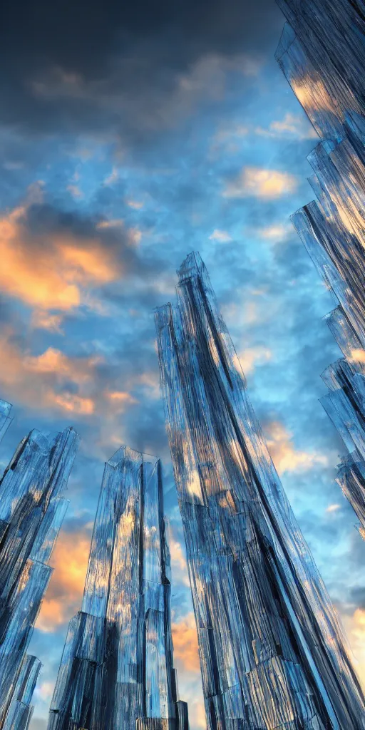 Prompt: glass towers reaching clouds at sunset; hyperrealistic, 4K wallpaper, cinematic lighting, highly detailed and beautiful