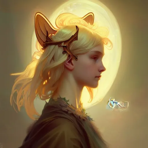 Image similar to Portrait of a girl angel with blonde hair, cat ears, glowing halo, wings, fantasy, intricate, elegant, highly detailed, digital painting, artstation, concept art, smooth, sharp focus, illustration, art by Krenz Cushart and Artem Demura and alphonse mucha