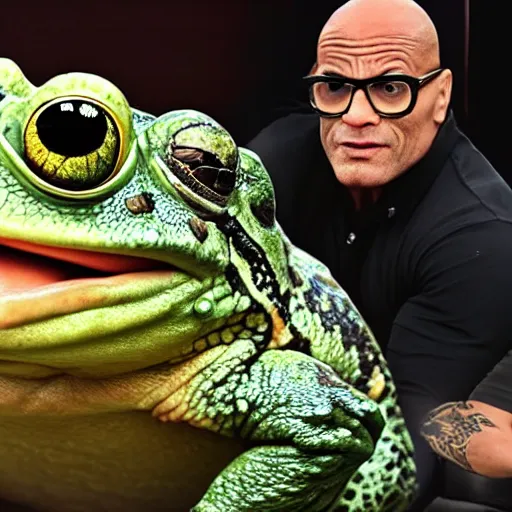 Image similar to dwayne johnson wrestling a big frog, pepe the frog, film still by martin scorsese and quentin tarantino, award winning, 8 k