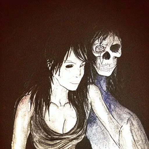 Image similar to “ sandman and his sister death in a ghotic chatedral ”