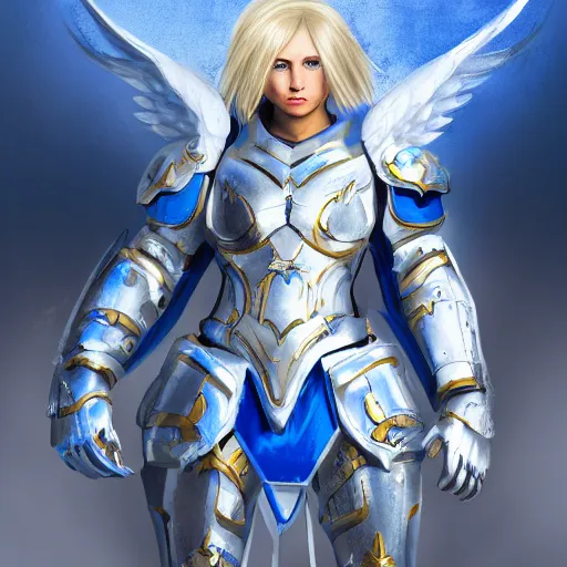 Prompt: Angelic being with blonde hair and blue eyes with white and gold armor, ultra detailed, armor, artstation, 8k, photorealistic, digital art. n-6