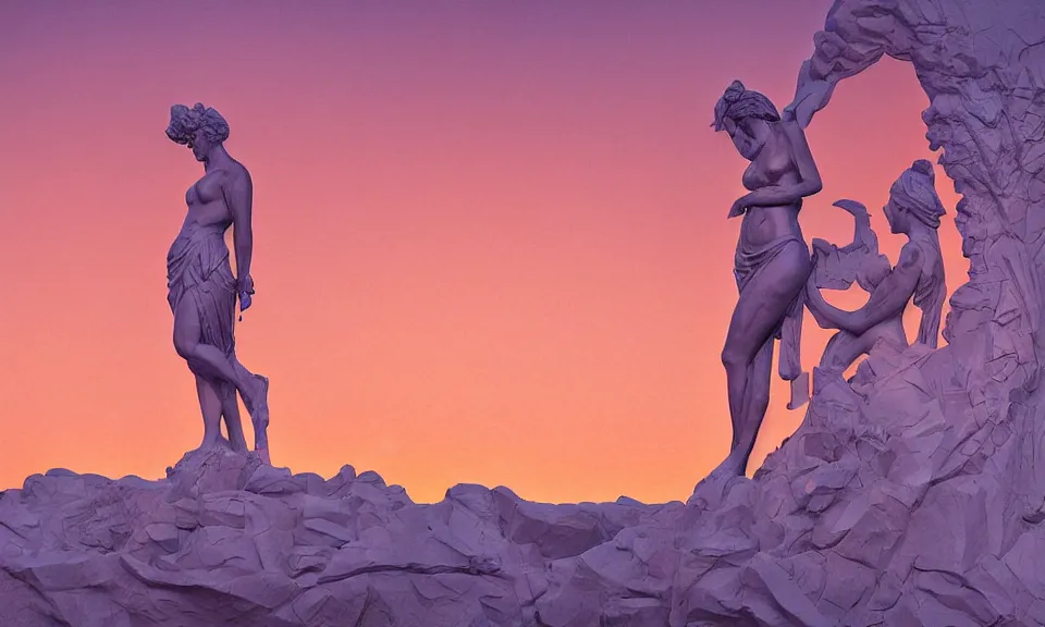 Prompt: digital painting of people revering at the base of a greek sculpture a beautiful massive female statue surrounded by dreamy coral, sunset in the desert, by syd mead and jack kirby, color scheme, concept art