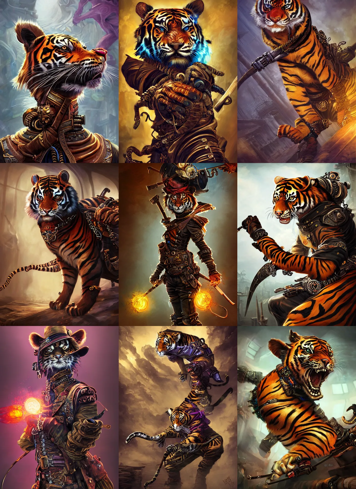 Prompt: steampunk tiger assassin ninja, vivid colors, war of colorss, dark shadows, contrast, concept art, sharp focus, digital art, Hyper-realistic, 4K, Unreal Engine, Highly Detailed, Dramatic Lighting, Beautiful, by Brom,