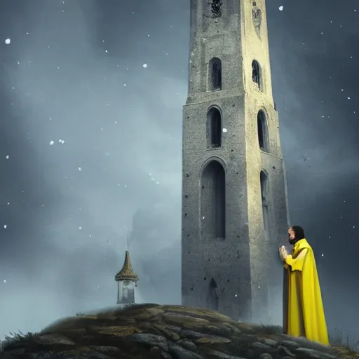 Prompt: A terrified catholic priest in his twenties kneeled in fervent prayer at the summit of a medieval tower. Looking up with eyes wide open with fear, looking straight at the viewer. Dressed in white. An ominous yellow shadow is descending upon him from the night sky. Award-winning digital art, trending on ArtStation