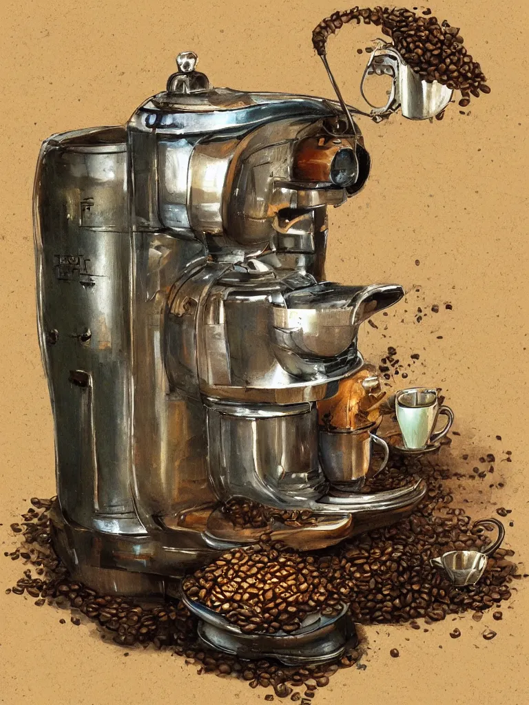 Image similar to illustration of an ancient coffee machine, by Simon Stalenhaag, by Yoshita Amano, by Esao Andrews, sharp focus, fresh colors, conceptart, trending on artstation