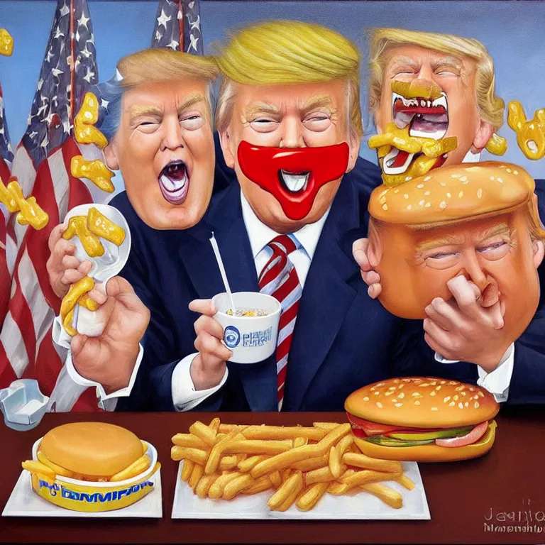 Image similar to a jon mcnaughton painting of donald trump eating a happy meal at mcdonald's