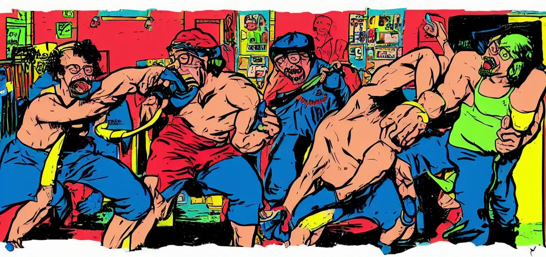 Image similar to Sam Hyde sparring with Joe Rogan, Mike Judge art style, 90's mtv illustration, clean illustration with thick lines, vivid complementary colors