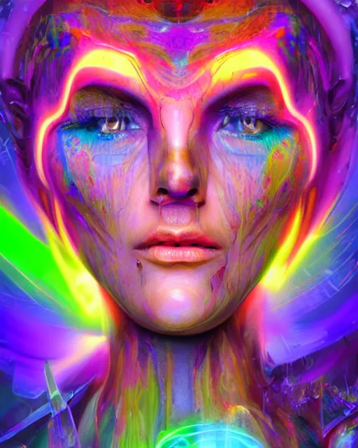 Image similar to a powerful energy psychedelic woman, by alexander fedosav, hyper detailed digital matte painting, concept art, hyperrealism, 1 6 k resolution, cinema 4 d, 8 k resolution, trending on artstation, behance hd, a masterpiece, by stephan martiniere, particles, cel - shaded, power bright neon energy, by david a. hardy,