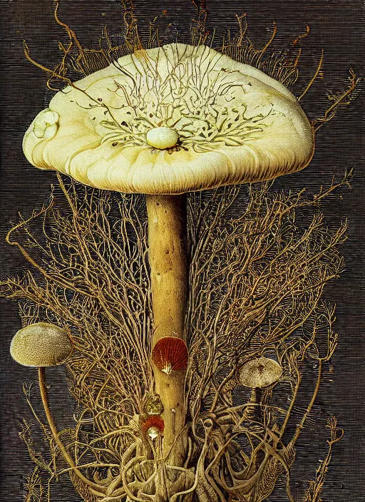 Prompt: mycelium growing into a mushroom, ernst haeckel