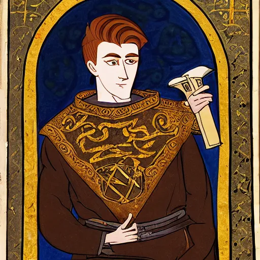 Image similar to clean shaven 1 9 year old young man with auburn hair and lots of freckles, regal hero of byzantium, illuminated manuscript, 2 d, good, moody lighting, medieval parchment, elegant, ornate