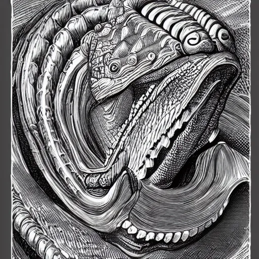 Image similar to detailed bust portrait of a noble fantasy humanoid moray eel warrior. hand drawn bestiary illustration