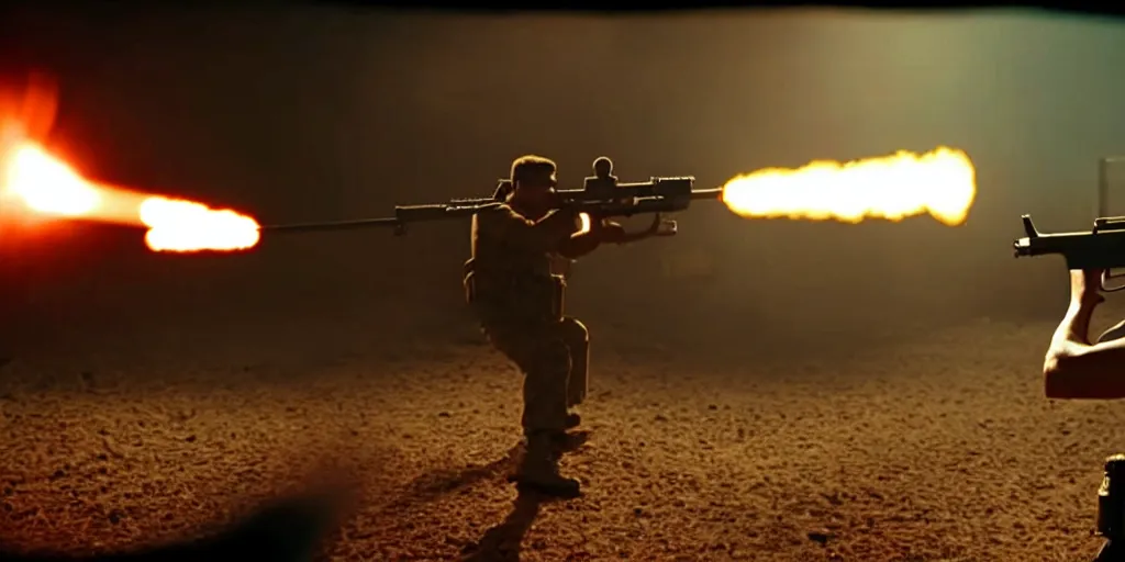 Image similar to high detail movie still of spongebob squarepants shooting an ak - 4 7 machine gun with muzzle flash, cinematic framing rule of thirds, cinematic light, hard shadows, in the style of the movie lone survivor,