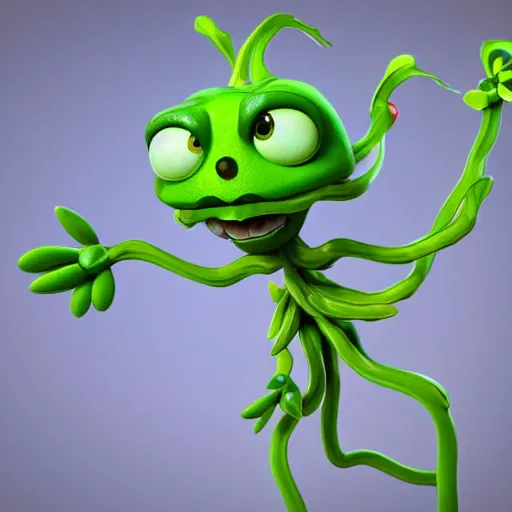 Image similar to cute anthropomorphic flower plant creature with many leaf arms and vine legs and big eyes detailed character concept 3 d pixar style render 4 k