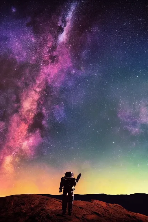 Prompt: a beautiful landscape of a starry sky with an astronaut waving to the horizon., cinematic, dramatic, color grading, photojournalism, colorful, highly detailed