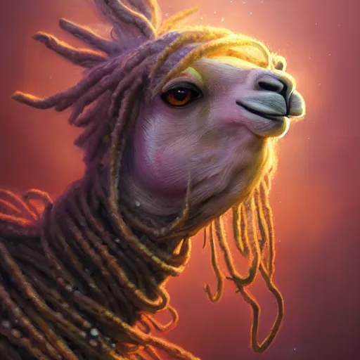 Image similar to llama with dreadlocks, industrial sci-fi, by Mandy Jurgens, Ernst Haeckel, James Jean, artstation, concept art, with beautiful colors