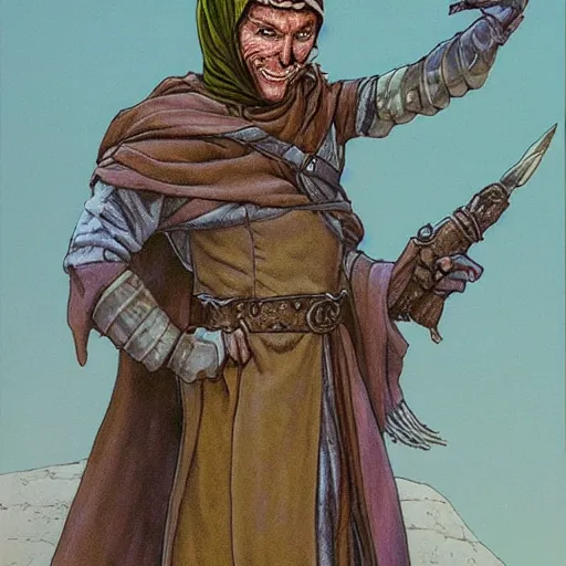 Prompt: Kethlan the elven desert bandit. Robes and turban. Realistic portrait by james gurney and mœbius.