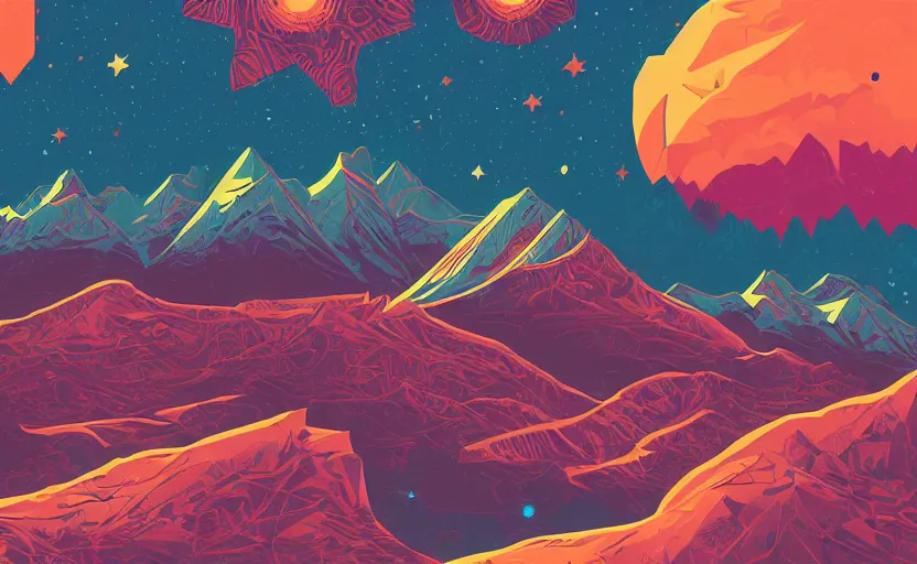 Prompt: mountains, stars and paisley filled sky, artstation, intricate, highly detailed, digital painting, concept art, sharp focus, illustration by tom whalen and kilian eng and james jean