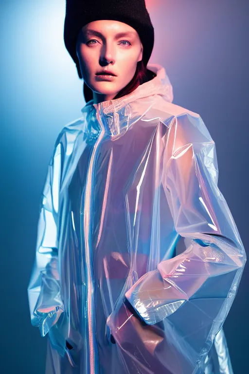 Image similar to an ultra high definition professional high fashion portrait studio full length photograph of a model wearing a transparent pearlescent raincoat and neon visor in an icelandic black rock environment at dawn. no artefacts. extremely detailed. stark. refraction. shallow depth of field. volumetric light and shadow. ray tracing. light rays.