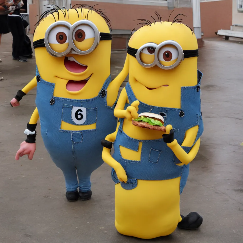 Prompt: stuart the minion eating a cheeseburger