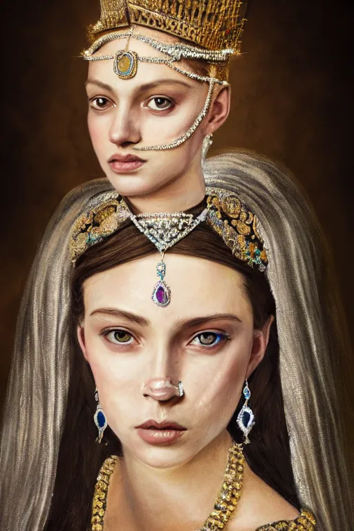 Prompt: beautiful very detailed portrait of a young princess with lots of jewelry and an Ultra Lux jade mask, full body, in the background there is a minimalistic throne, digital art , photos by Annie Leibovitz, moody, models by 500px, dramatic cinematic lighting rendered by octane, 8k, detailed, intricate, clean and textures, trending on artstation, deviantart google images, pinterest